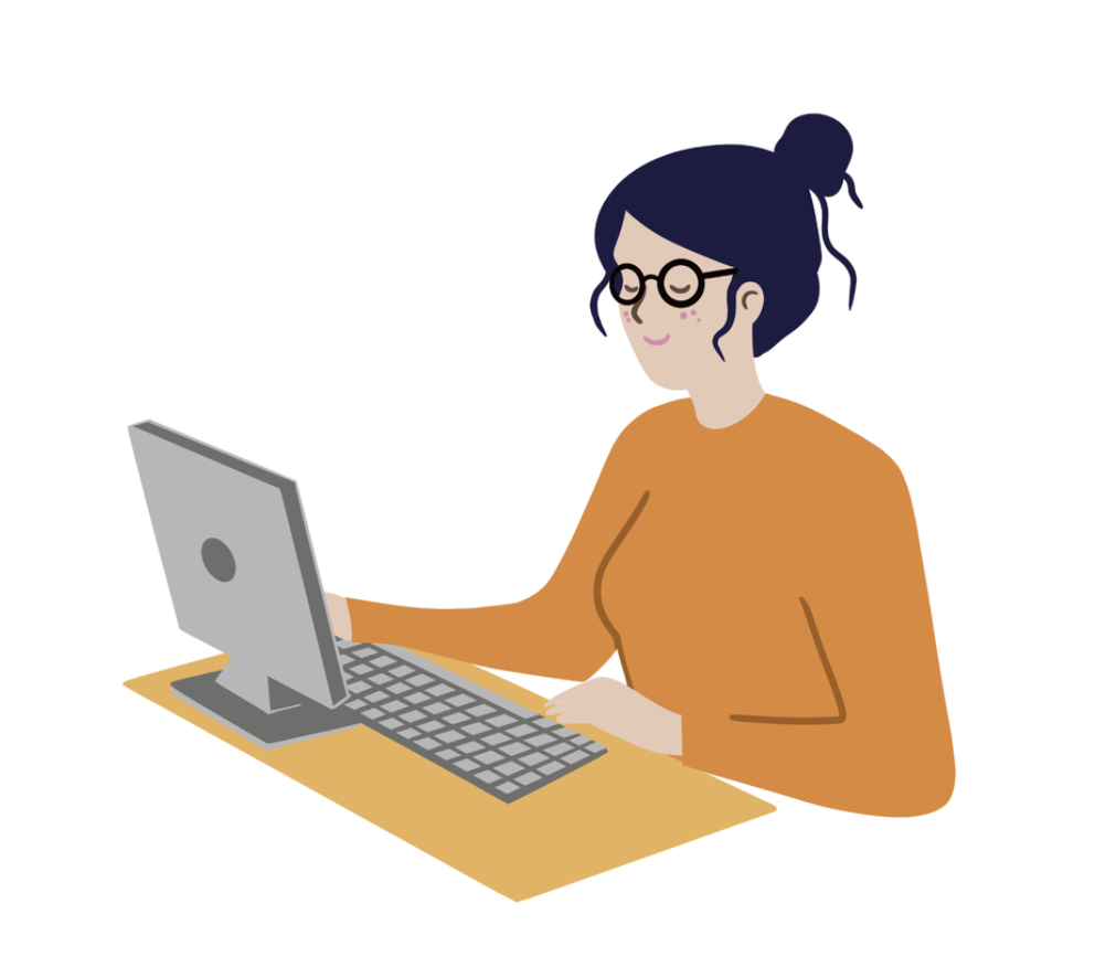 cartoon woman sitting at desk