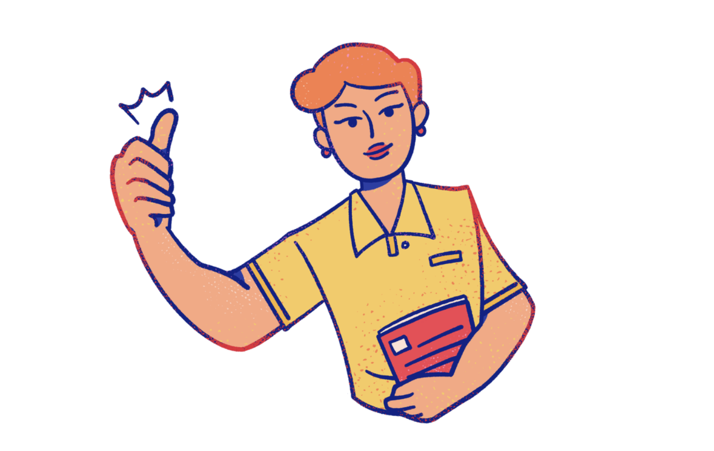 cartoon woman with book giving thumbs up
