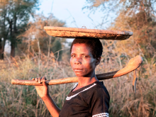 Woman standing in a field balancing a carrier on her head and holding a wheat stick.