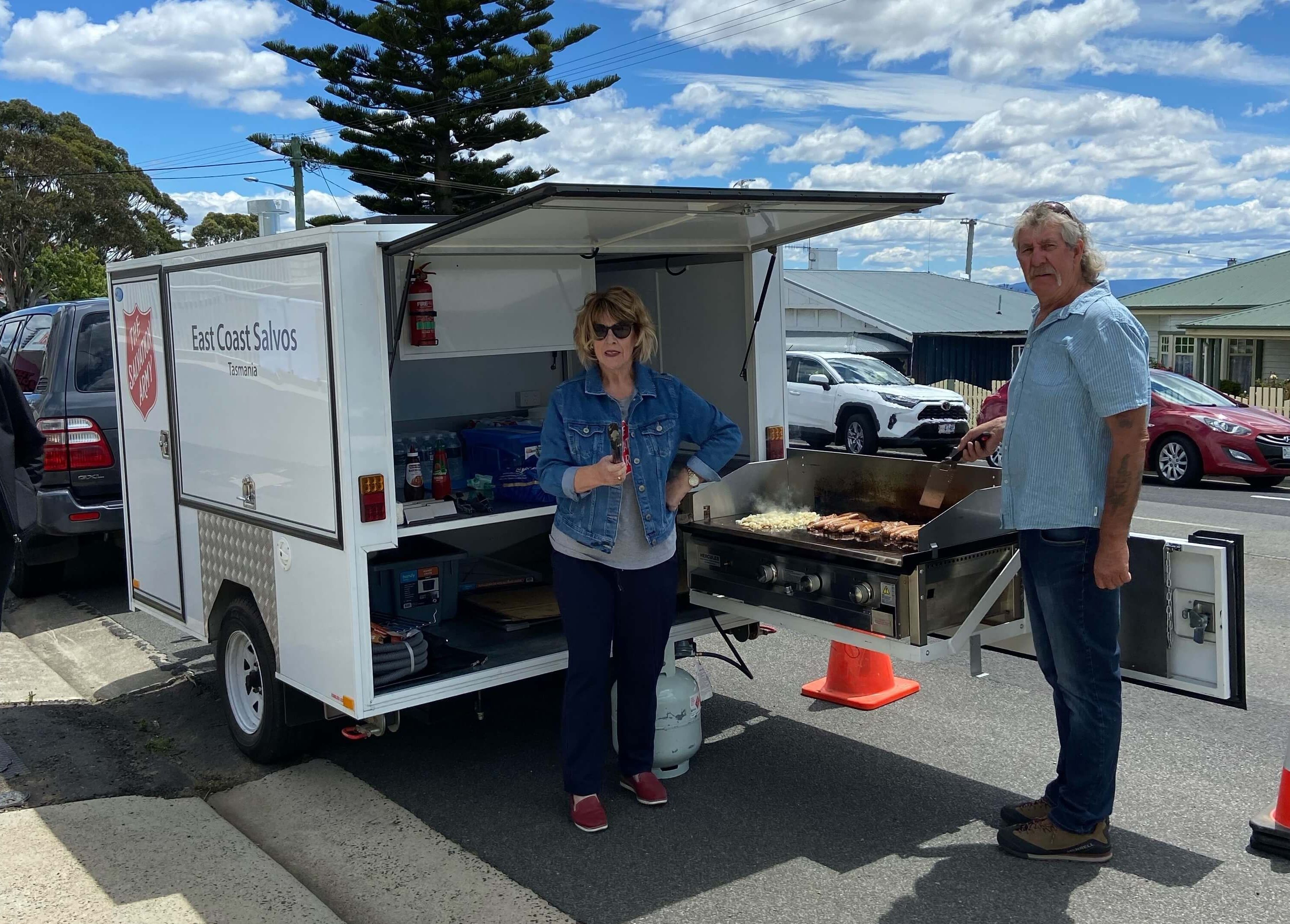 Major Linda Miller and volunteer Mick Pogorzelski, from the East Coast Salvos Emergency Services team in Tasmania, supporting the Swanston Evacuation Centre last week.
