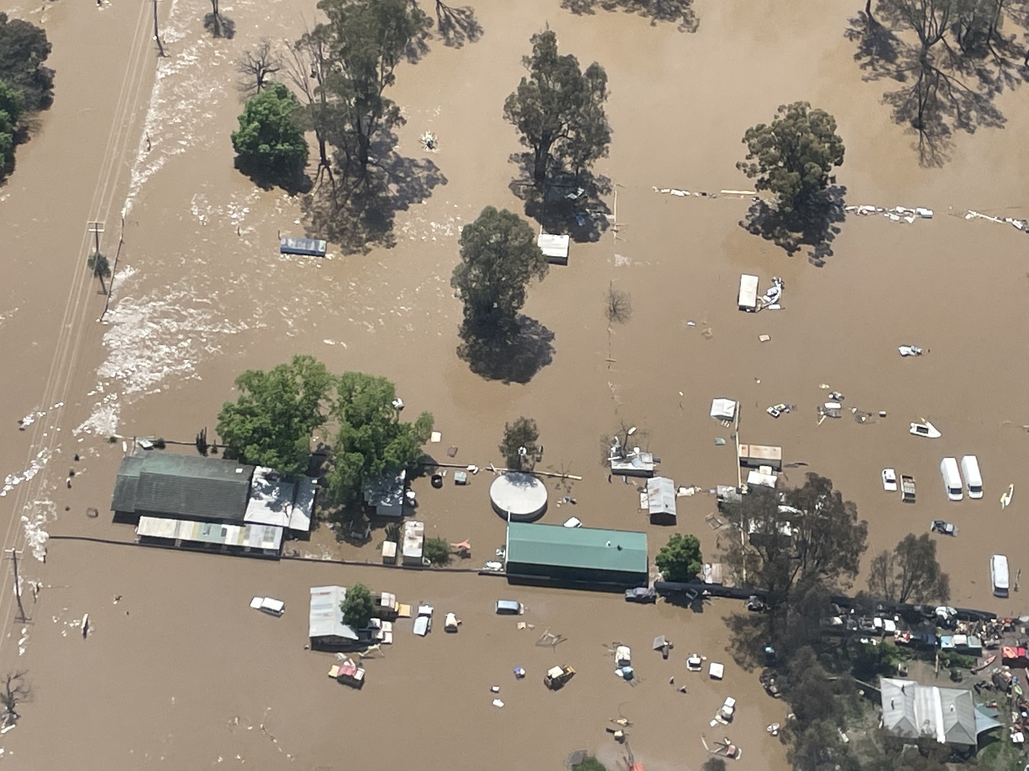 Aerial view of flood affected properties that are underwater