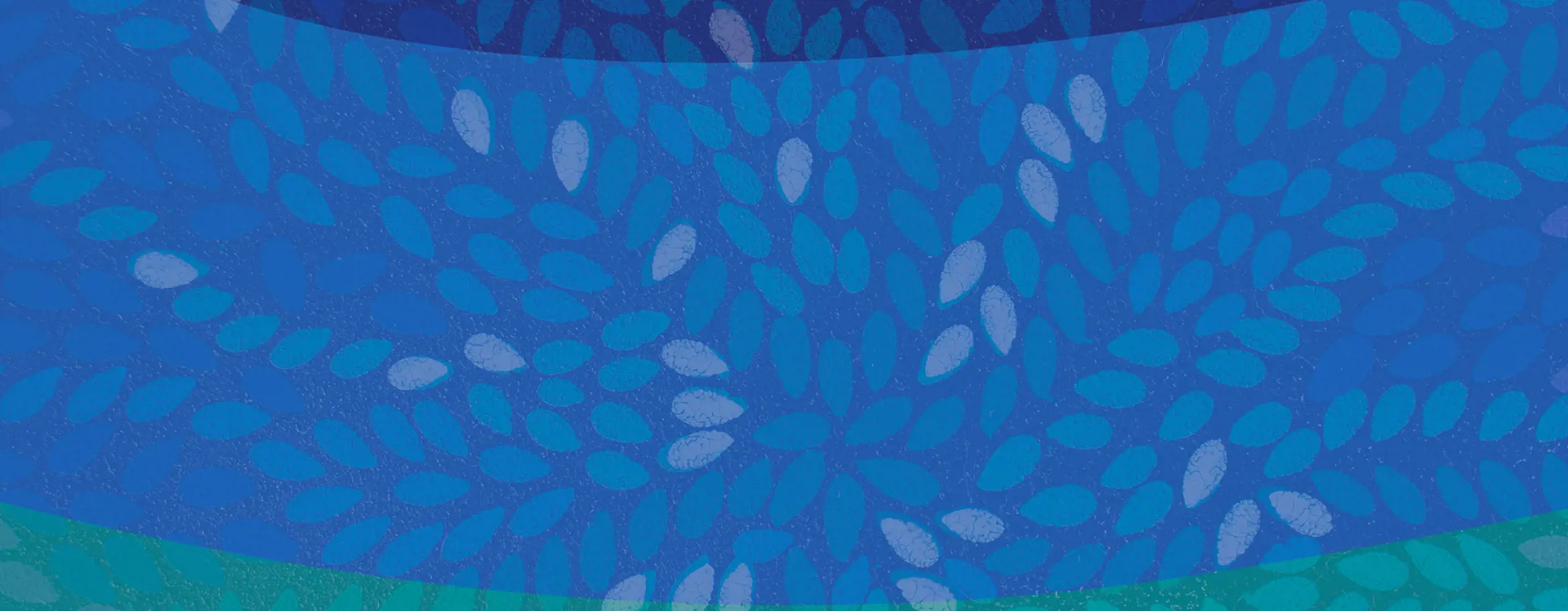 Indigenous painting in blues and marine greens overlayed with leaf patterns