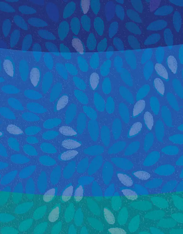Indigenous painting in blues and marine greens overlayed with leaf patterns