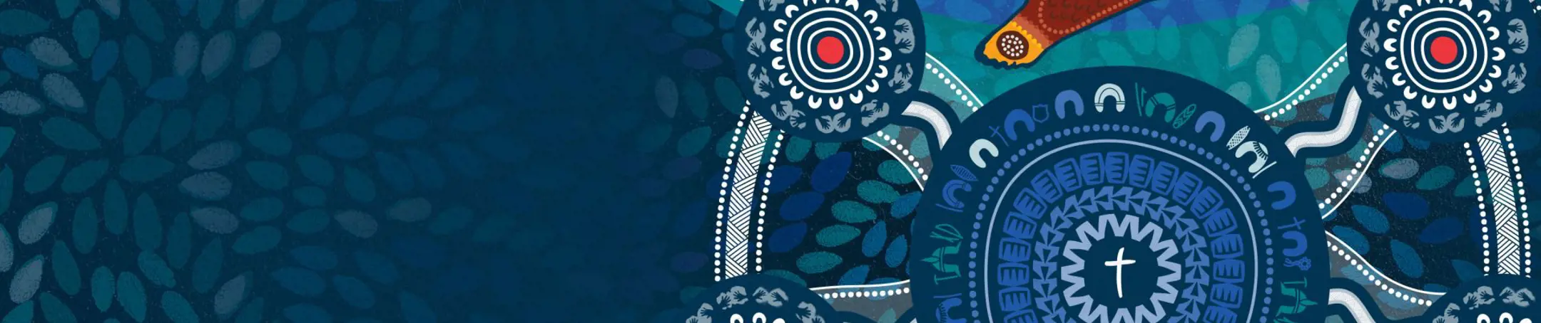 Beautiful indigenous painting in blues and ochres with circular motifs leading to a soaring eagle.