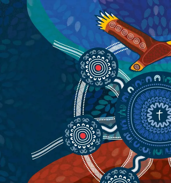 Beautiful indigenous painting in blues and ochres with circular motifs leading to a soaring eagle.