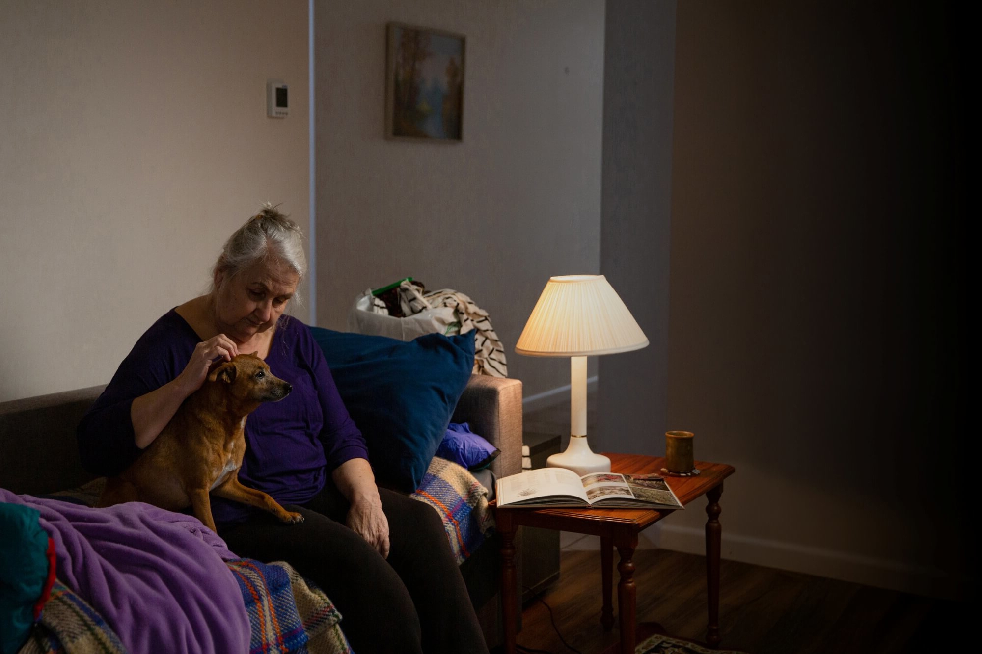 Elderly person on a couch petting a brown dog in a softly lit living room.