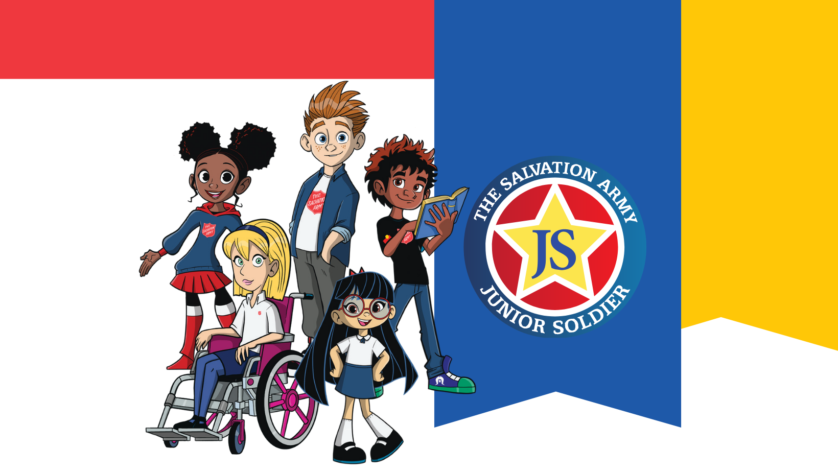 A cartoon group of kids of varying capacities and cultural backgrounds next to a star badge with the words 'The Salvation Army Junior Soldier'. 