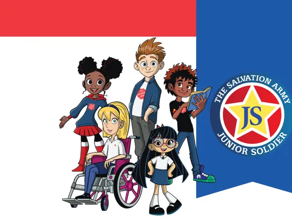 A cartoon group of kids of varying capacities and cultural backgrounds next to a star badge with the words 'The Salvation Army Junior Soldier'.