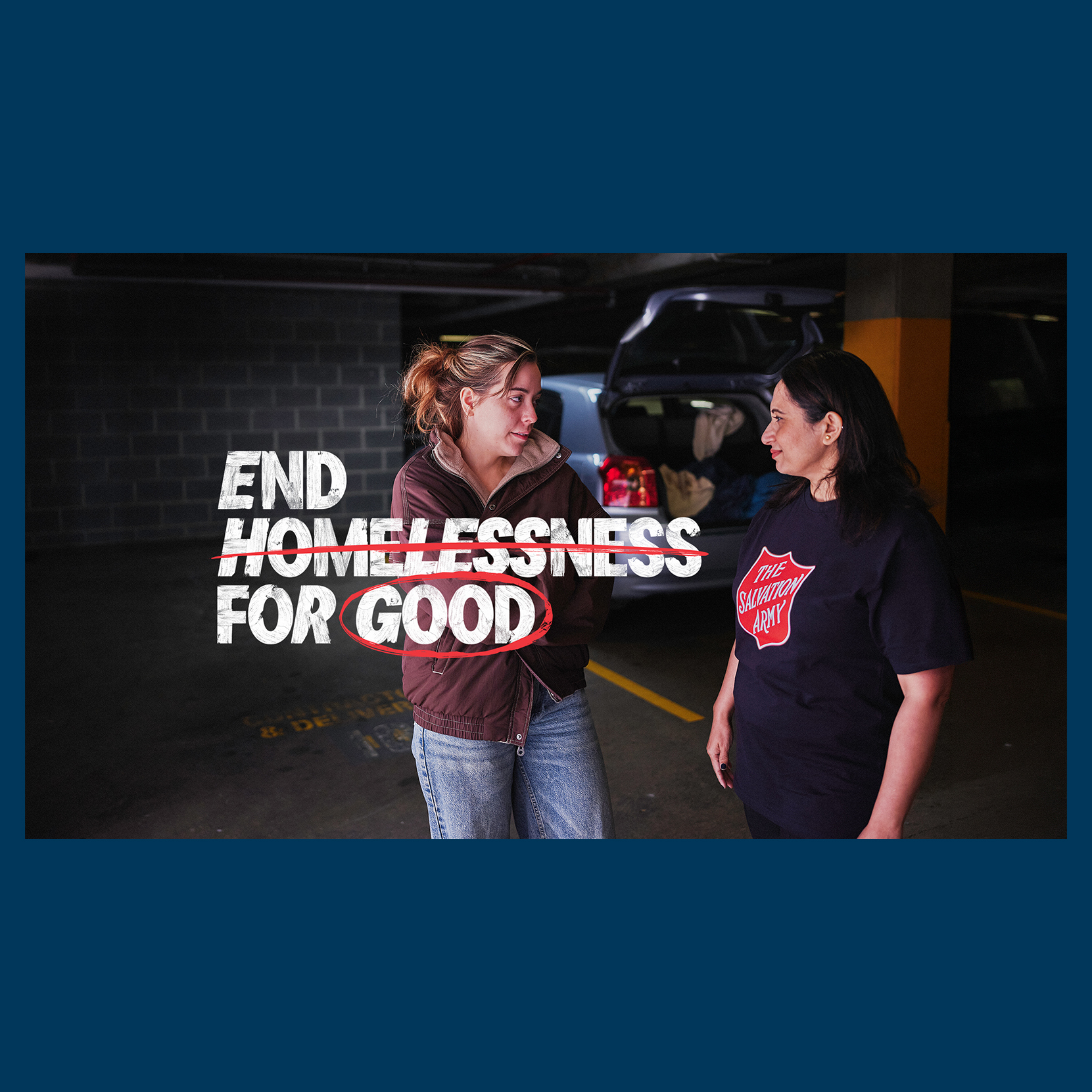 Homelessness Week 2026 image showing a Salvos volunteer assisting a woman in front of her car where she has been living out of.