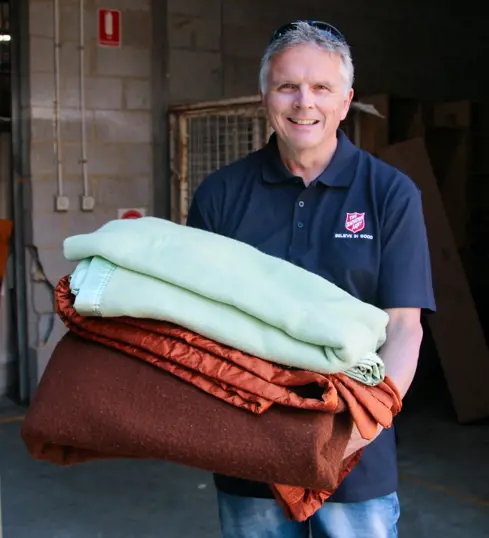 Donating blankets at the Salvos Stores.