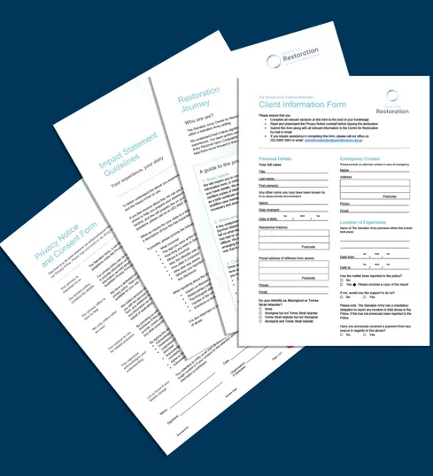 Graphic showing pages of the client information pack against a plain blue blackground.