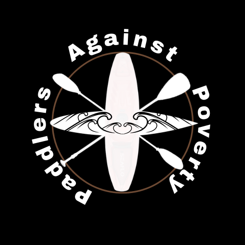Paddlers Against Poverty logo showing an illustration of a canoe with the text 'Paddlers Against Poverty' displayed in white a circle around the image on a black background.