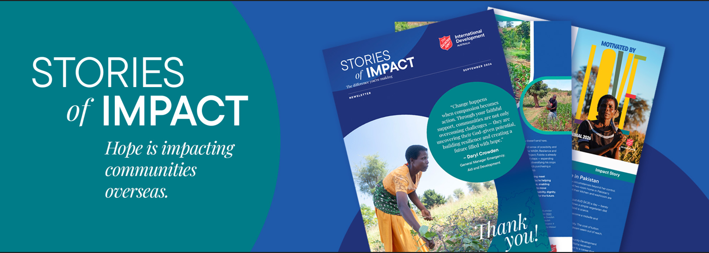 Stories of Impact title with sample pages of the newsletter.