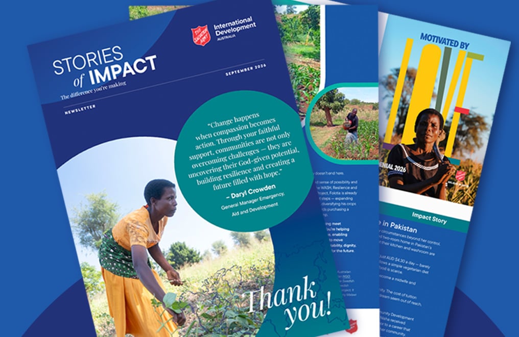 image tile showing pages from the newsletter 'Stories of Impact' against a blue background.