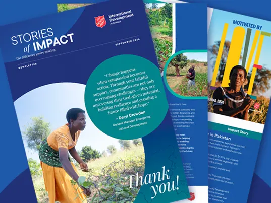 image tile showing pages from the newsletter 'Stories of Impact' against a blue background.