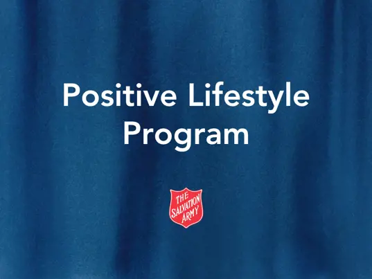 Positive Lifestyle Program text against a navy background. The Salvation Army Shield logo sits below the text.
