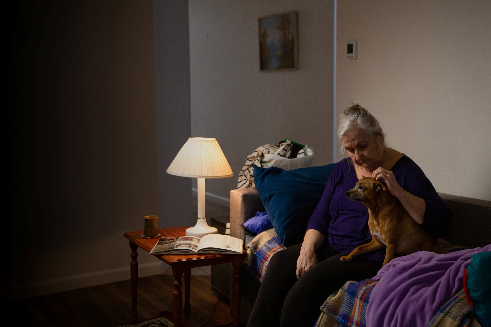Elderly person on a couch petting a brown dog in a softly lit living room.