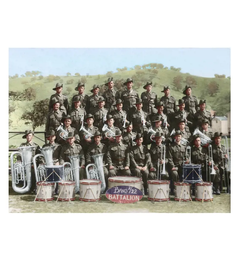 The 2/22 Battalion Band, who were taken as prisoners of war during World War Two and lost their lives in the Montevideo Maru sinking.