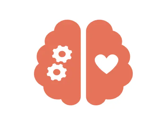 A simplified brain marked with a heart on the right side and cogs on the left