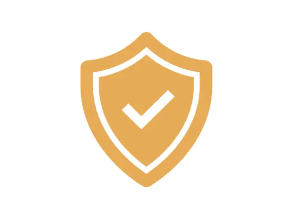 An orange shield with a tick on it.