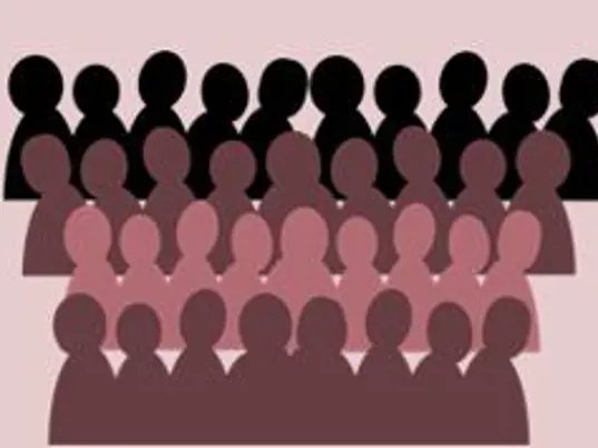 Graphic illustration showing stylised rows of silhouetted people.