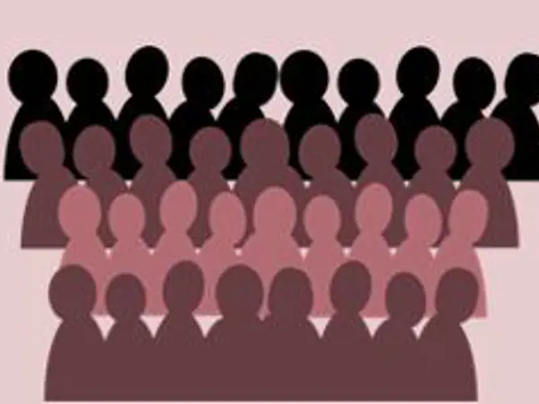 Graphic illustration showing stylised rows of silhouetted people.